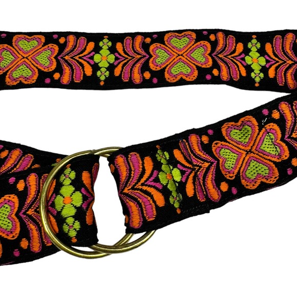 Vintage Woven Tapestry Floral Boho Belt OS Black Neon Orange Flower Wickford RI - Picture 3 of 6
